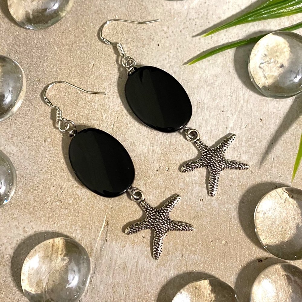 3/$25 Silver Starfish and Black Twisted Oval Bead Dangle Earrings